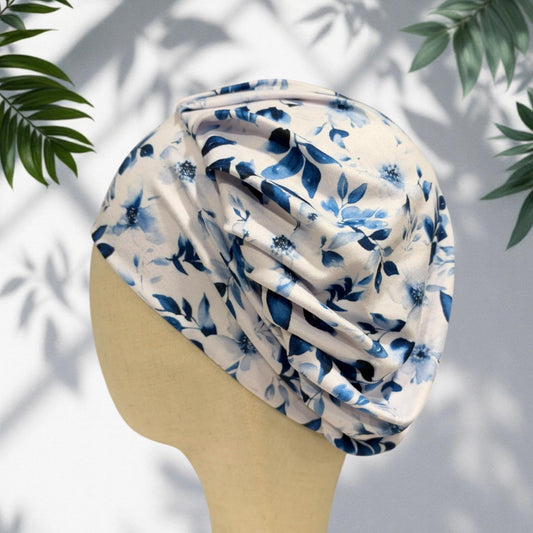 Blue White Floral Bouffant Scrub Cap for Women, Surgical Scrub Hat
