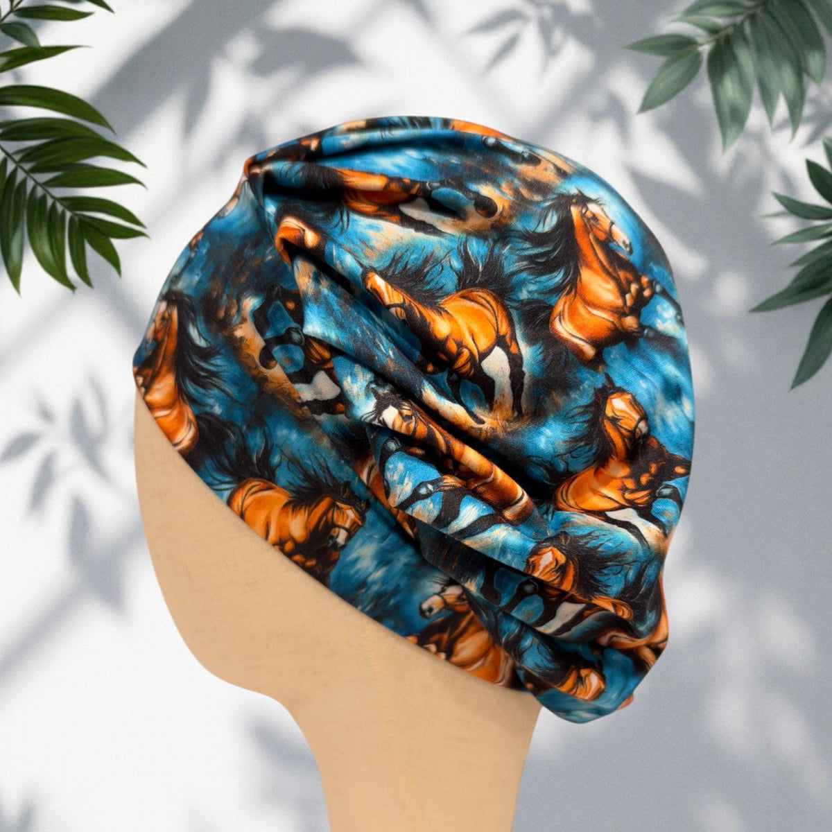 Horse Bouffant Scrub Cap for Women, Blue Orange Equestrian Scrub Hat