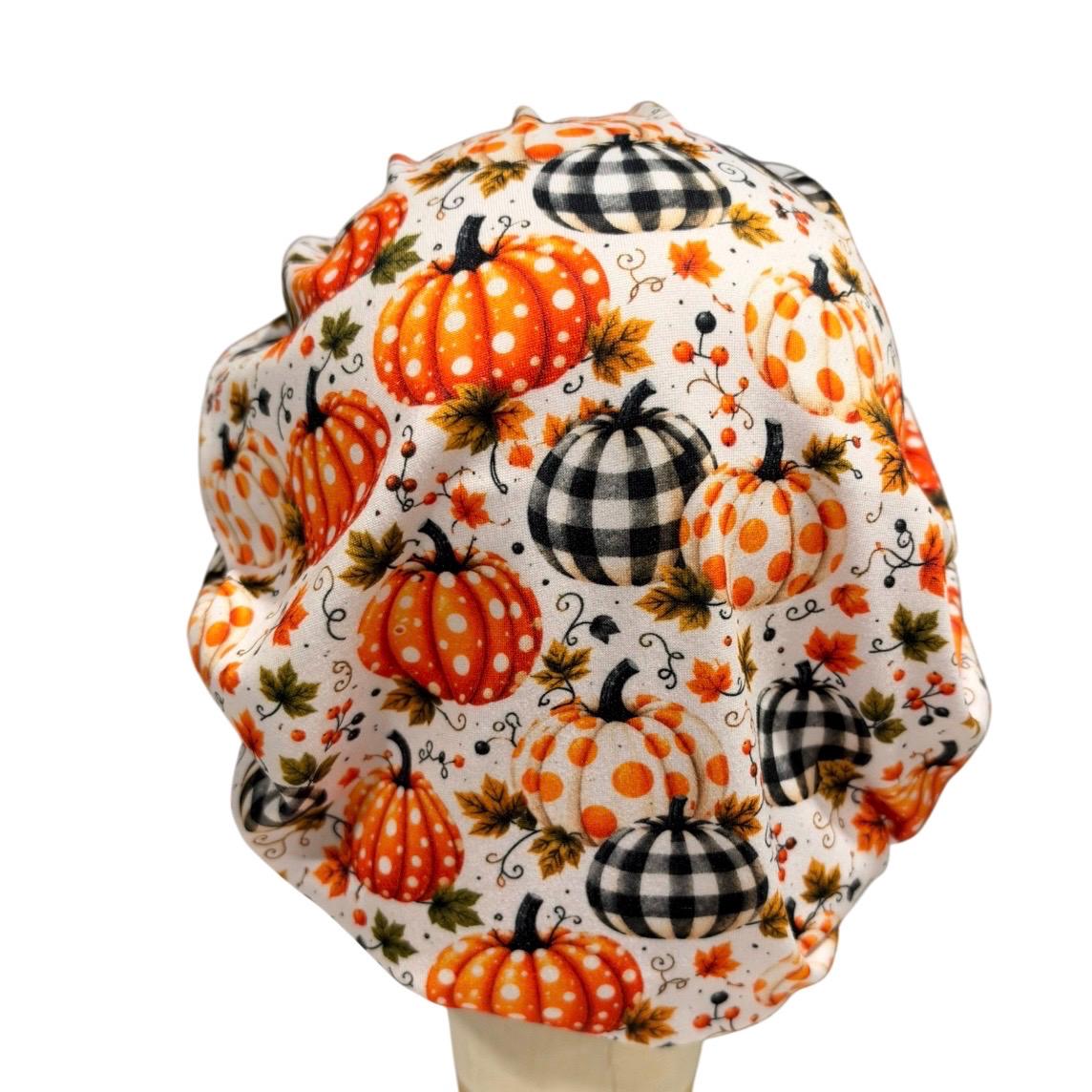 Fall Pumpkin Bouffant Scrub Cap for Women, Orange Plaid Pumpkin Scrub Hat, Thanksgiving Surgical Cap