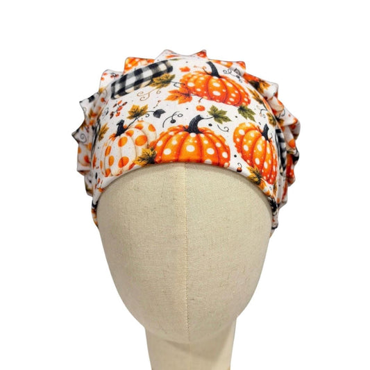 Fall Pumpkin Bouffant Scrub Cap for Women, Orange Plaid Pumpkin Scrub Hat, Thanksgiving Surgical Cap