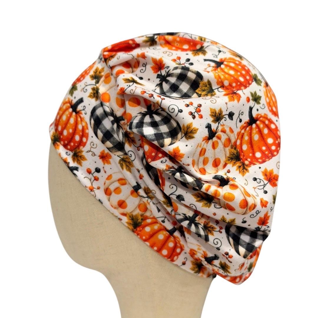 Fall Pumpkin Bouffant Scrub Cap for Women, Orange Plaid Pumpkin Scrub Hat, Thanksgiving Surgical Cap