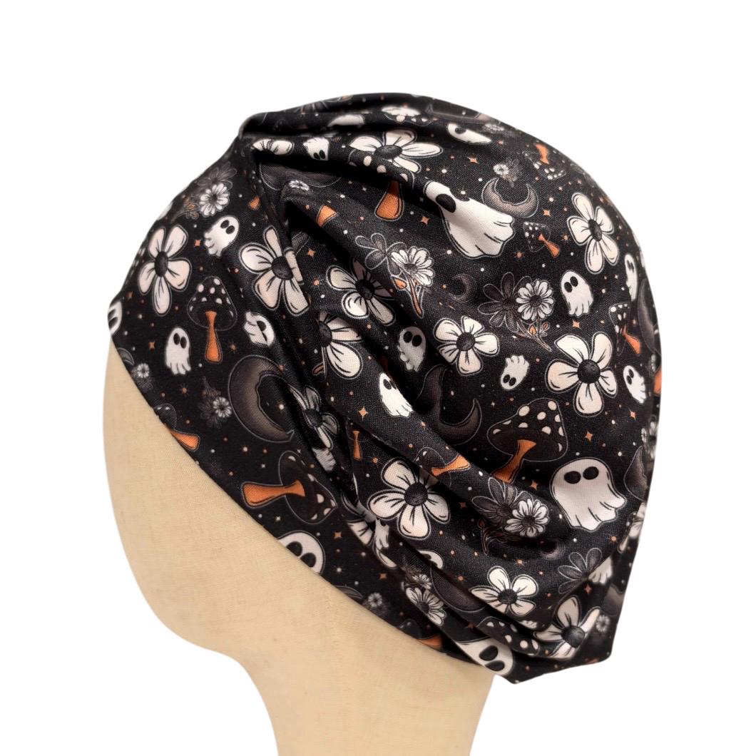 Halloween Ghost Bouffant Scrub Cap for Women, Black Floral Spooky Scrub Hat