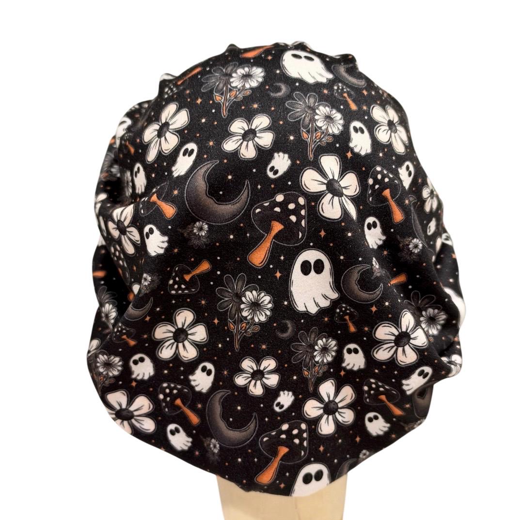 Halloween Ghost Bouffant Scrub Cap for Women, Black Floral Spooky Scrub Hat