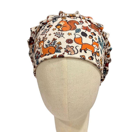 Fall Woodland Animals Bouffant Scrub Cap for Women, Fox Deer Raccoon Scrub Hat, Autumn Surgical Cap