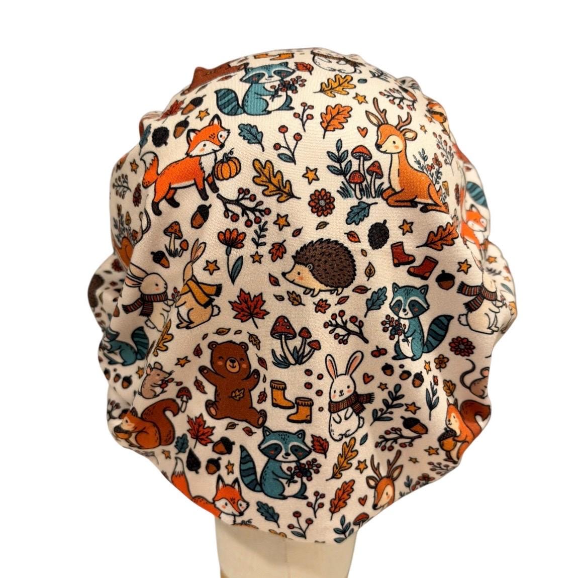 Fall Woodland Animals Bouffant Scrub Cap for Women, Fox Deer Raccoon Scrub Hat, Autumn Surgical Cap