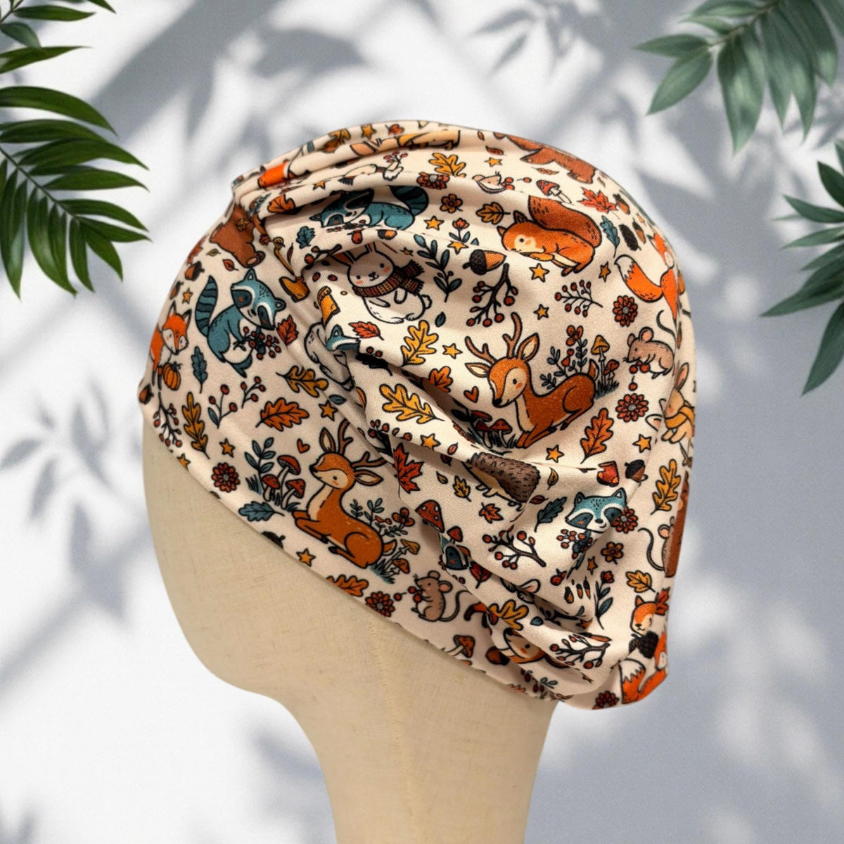 Fall Woodland Animals Bouffant Scrub Cap for Women, Fox Deer Raccoon Scrub Hat, Autumn Surgical Cap