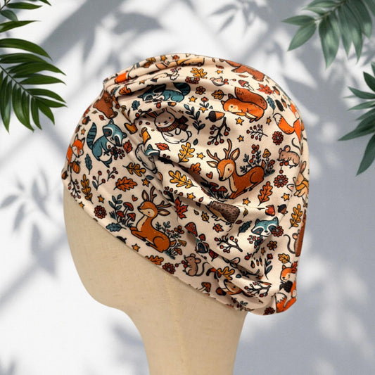 Fall Woodland Animals Bouffant Scrub Cap for Women, Fox Deer Raccoon Scrub Hat, Autumn Surgical Cap