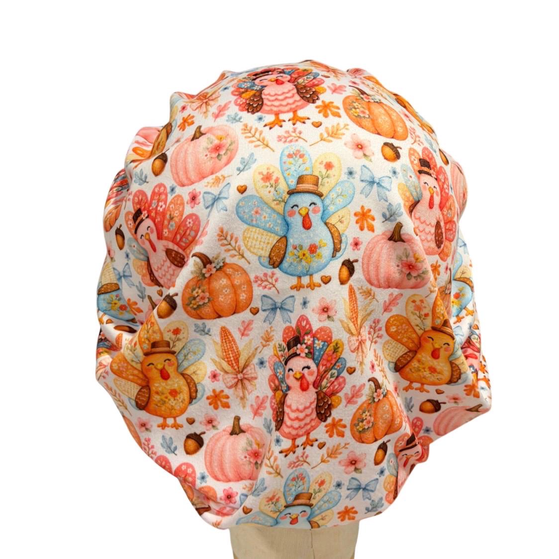 Thanksgiving Turkey Bouffant Scrub Cap for Women, Cute Fall Turkey Scrub Hat