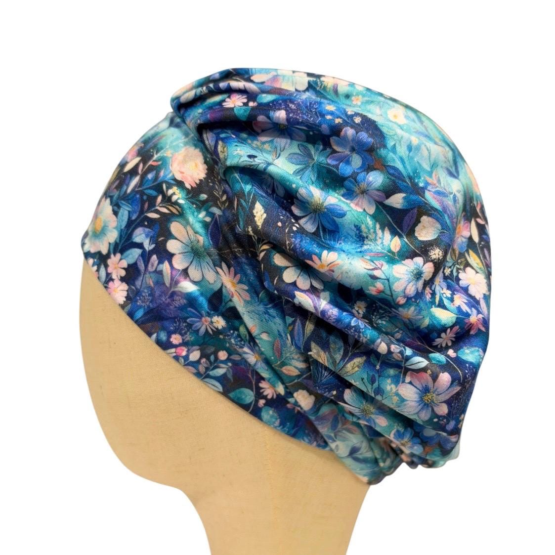 Blue Floral Bouffant Scrub Cap for Women, Surgical Scrub Hat
