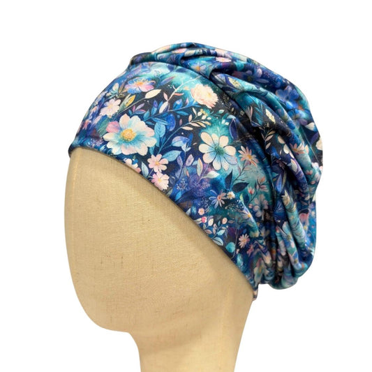 Blue Floral Bouffant Scrub Cap for Women, Surgical Scrub Hat