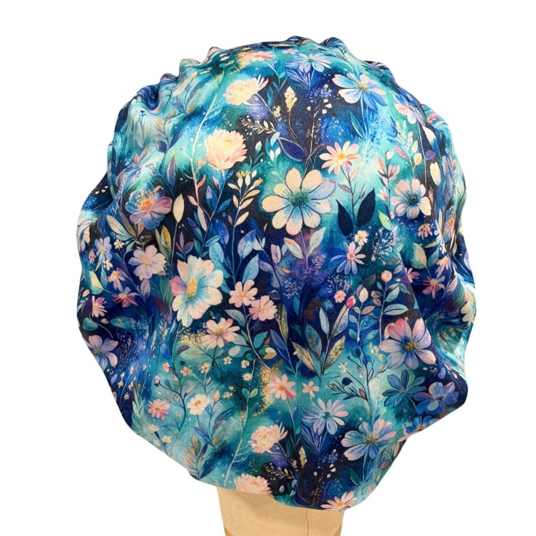 Blue Floral Bouffant Scrub Cap for Women, Surgical Scrub Hat