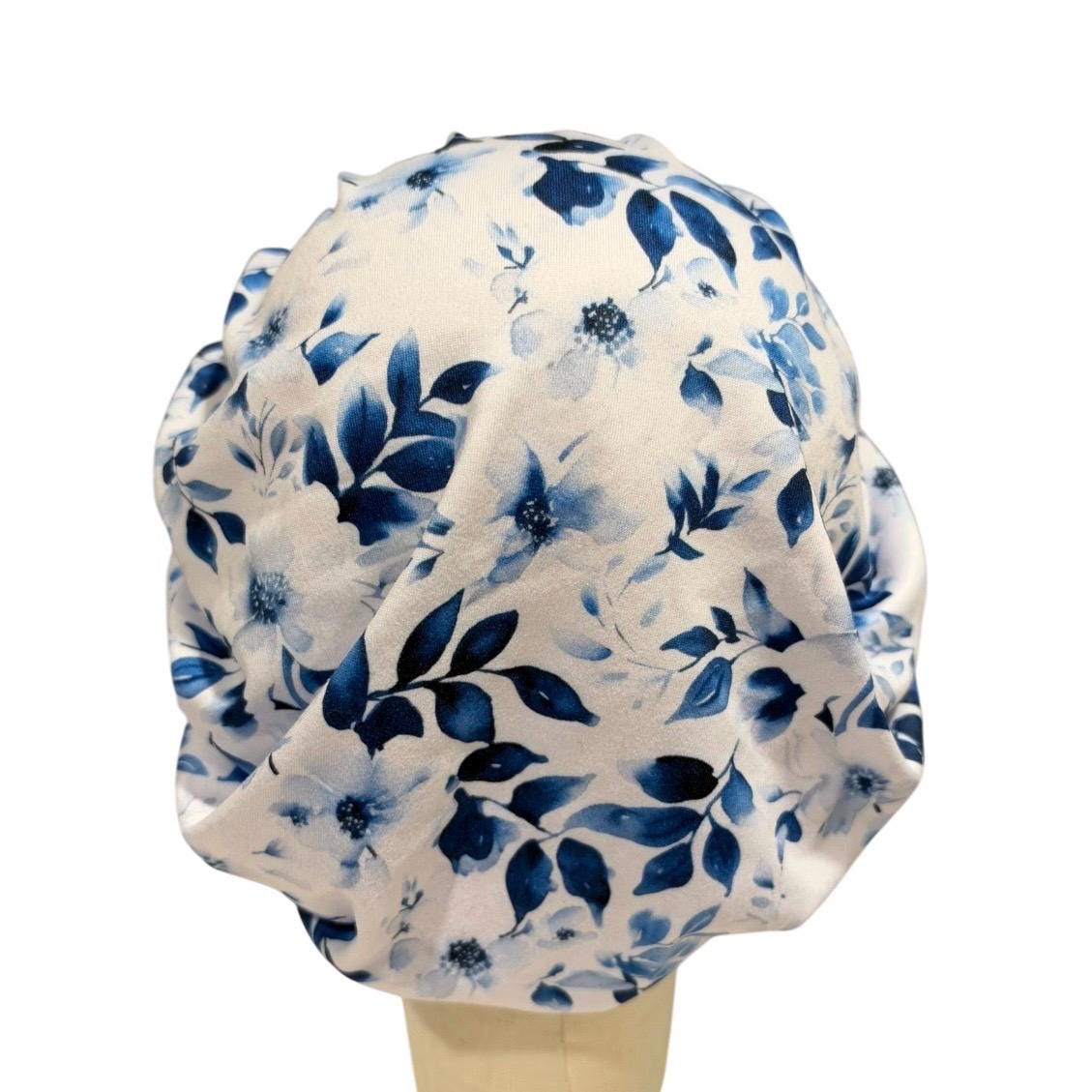 Blue White Floral Bouffant Scrub Cap for Women, Surgical Scrub Hat