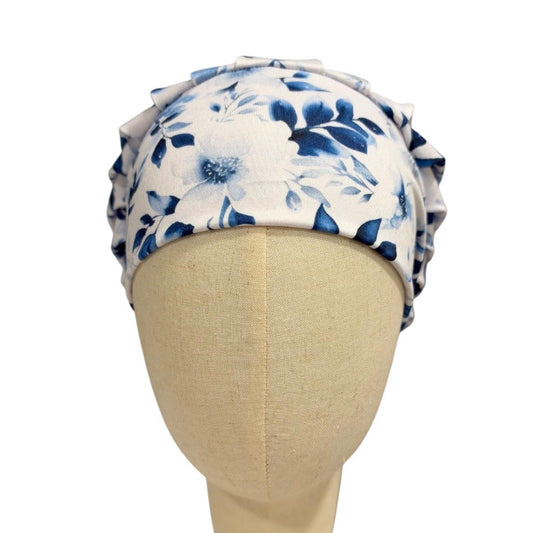 Blue White Floral Bouffant Scrub Cap for Women, Surgical Scrub Hat