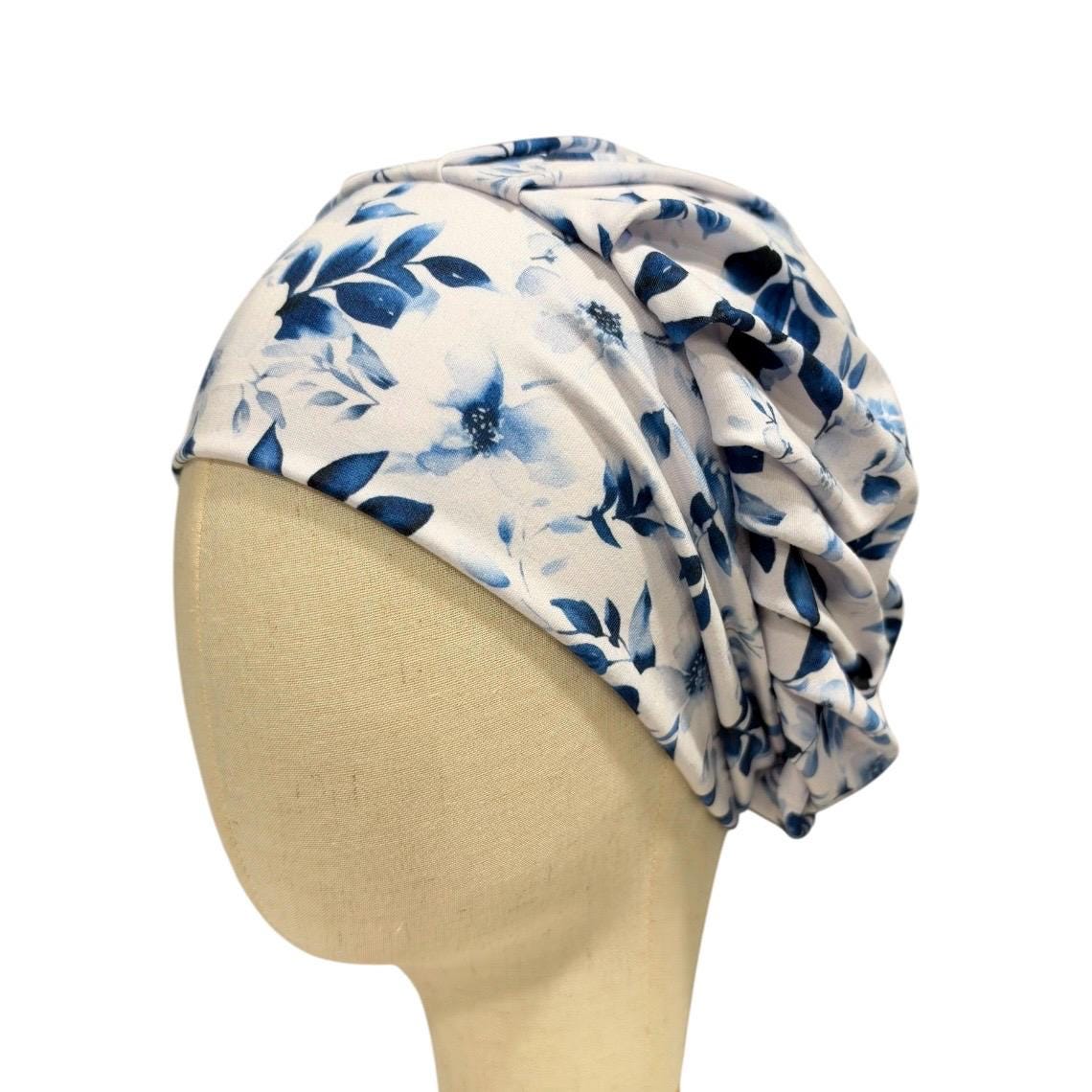Blue White Floral Bouffant Scrub Cap for Women, Surgical Scrub Hat