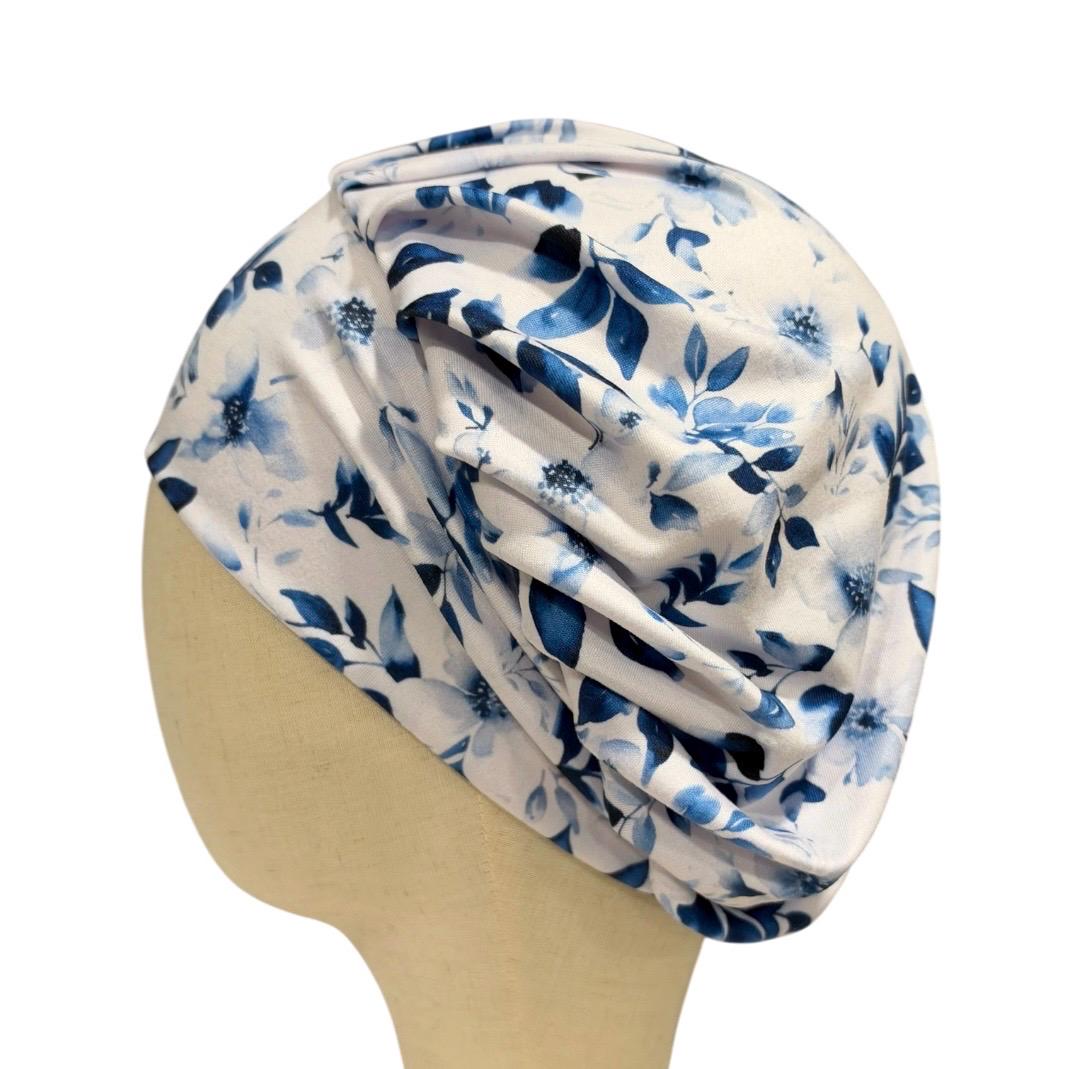 Blue White Floral Bouffant Scrub Cap for Women, Surgical Scrub Hat