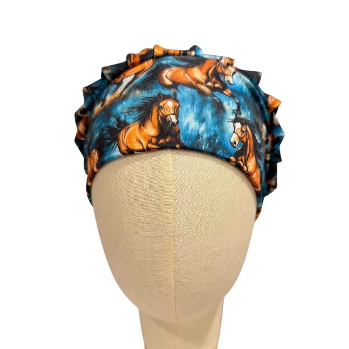 Horse Bouffant Scrub Cap for Women, Blue Orange Equestrian Scrub Hat