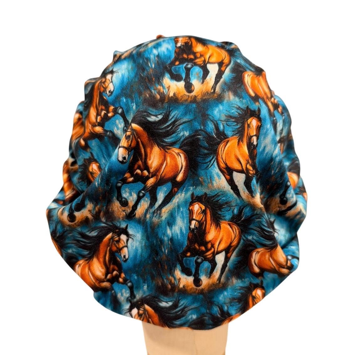 Horse Bouffant Scrub Cap for Women, Blue Orange Equestrian Scrub Hat
