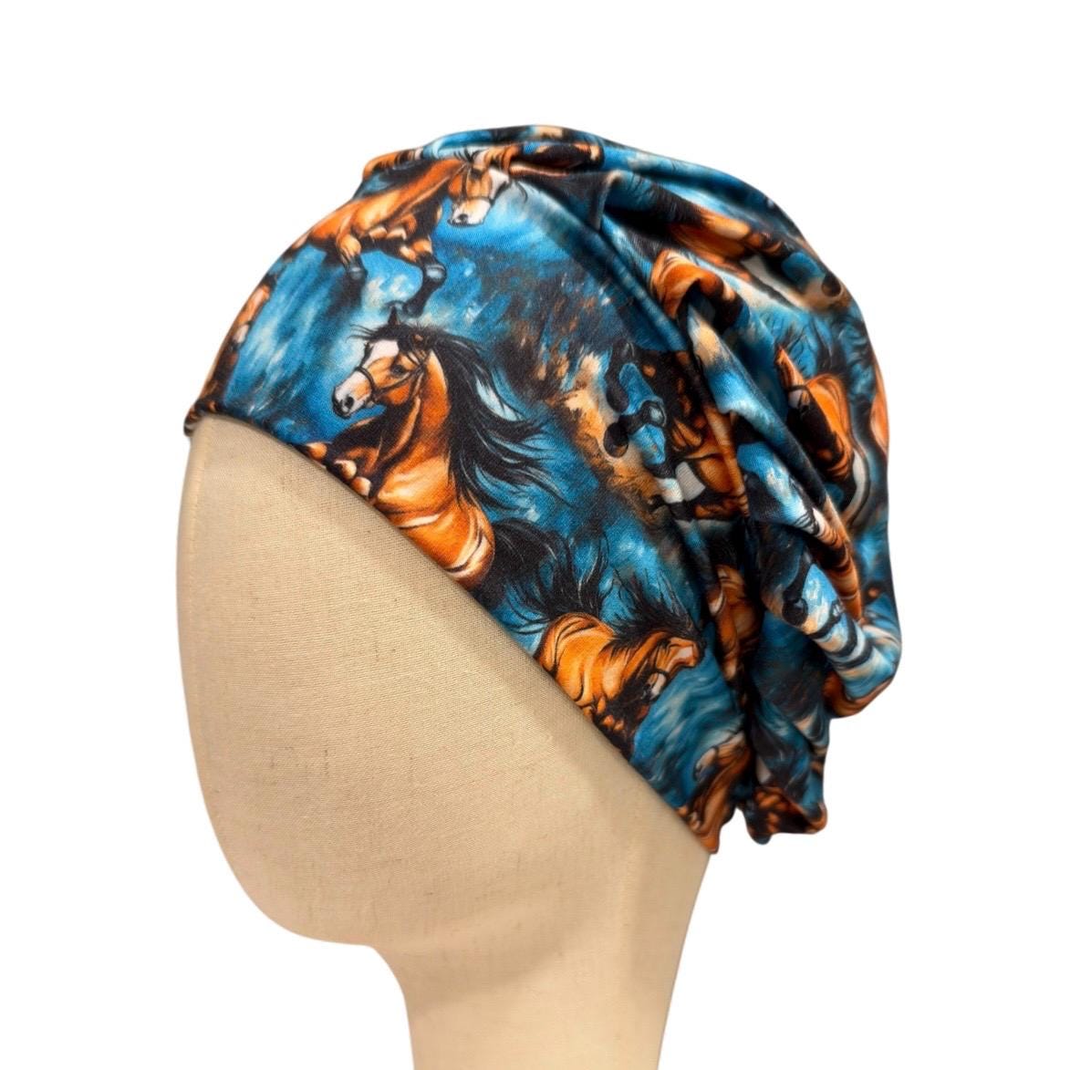 Horse Bouffant Scrub Cap for Women, Blue Orange Equestrian Scrub Hat