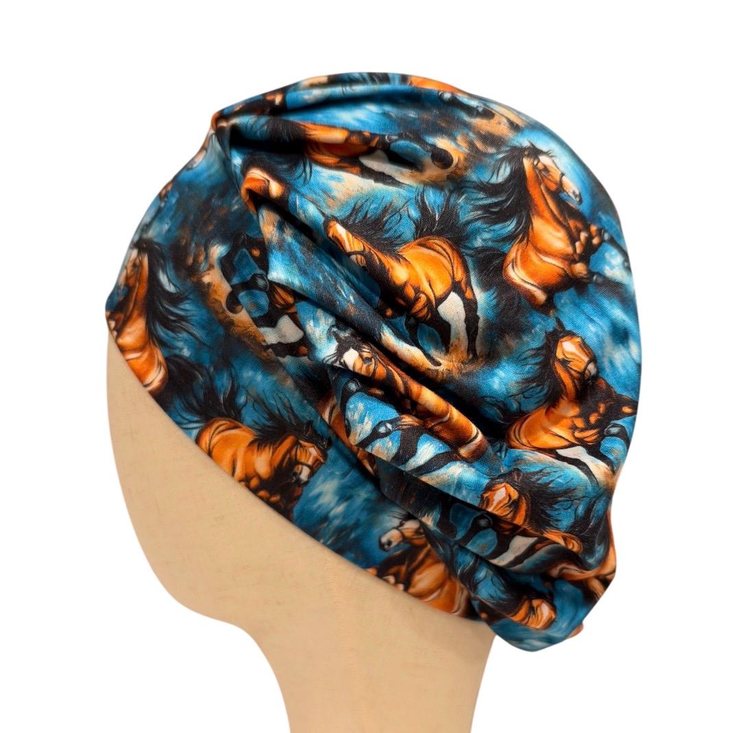 Horse Bouffant Scrub Cap for Women, Blue Orange Equestrian Scrub Hat