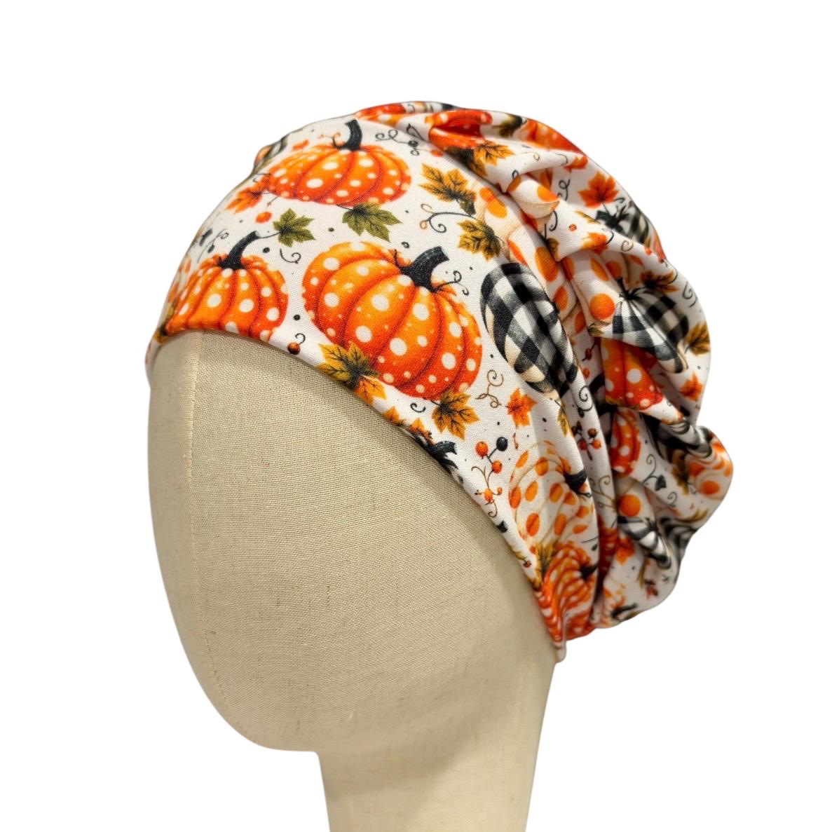 Fall Pumpkin Bouffant Scrub Cap for Women, Orange Plaid Pumpkin Scrub Hat, Thanksgiving Surgical Cap