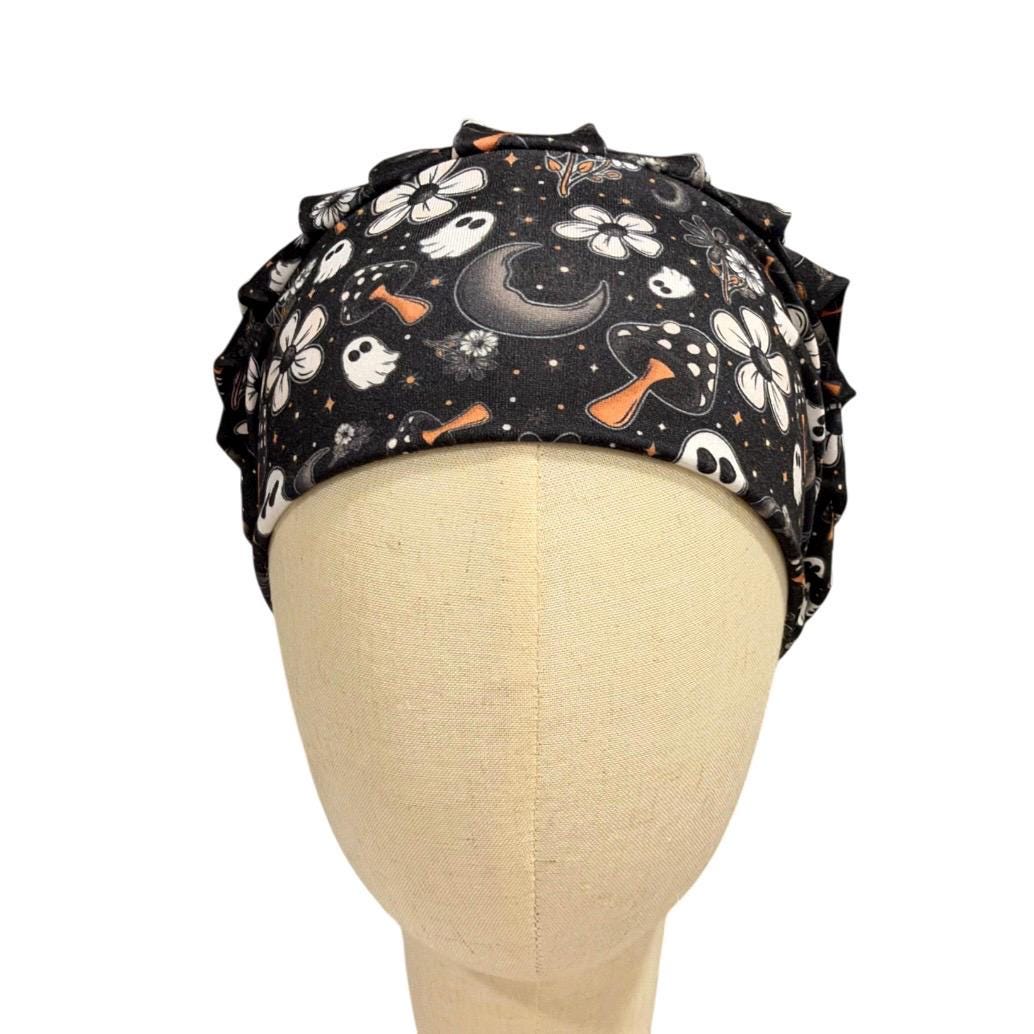 Halloween Ghost Bouffant Scrub Cap for Women, Black Floral Spooky Scrub Hat
