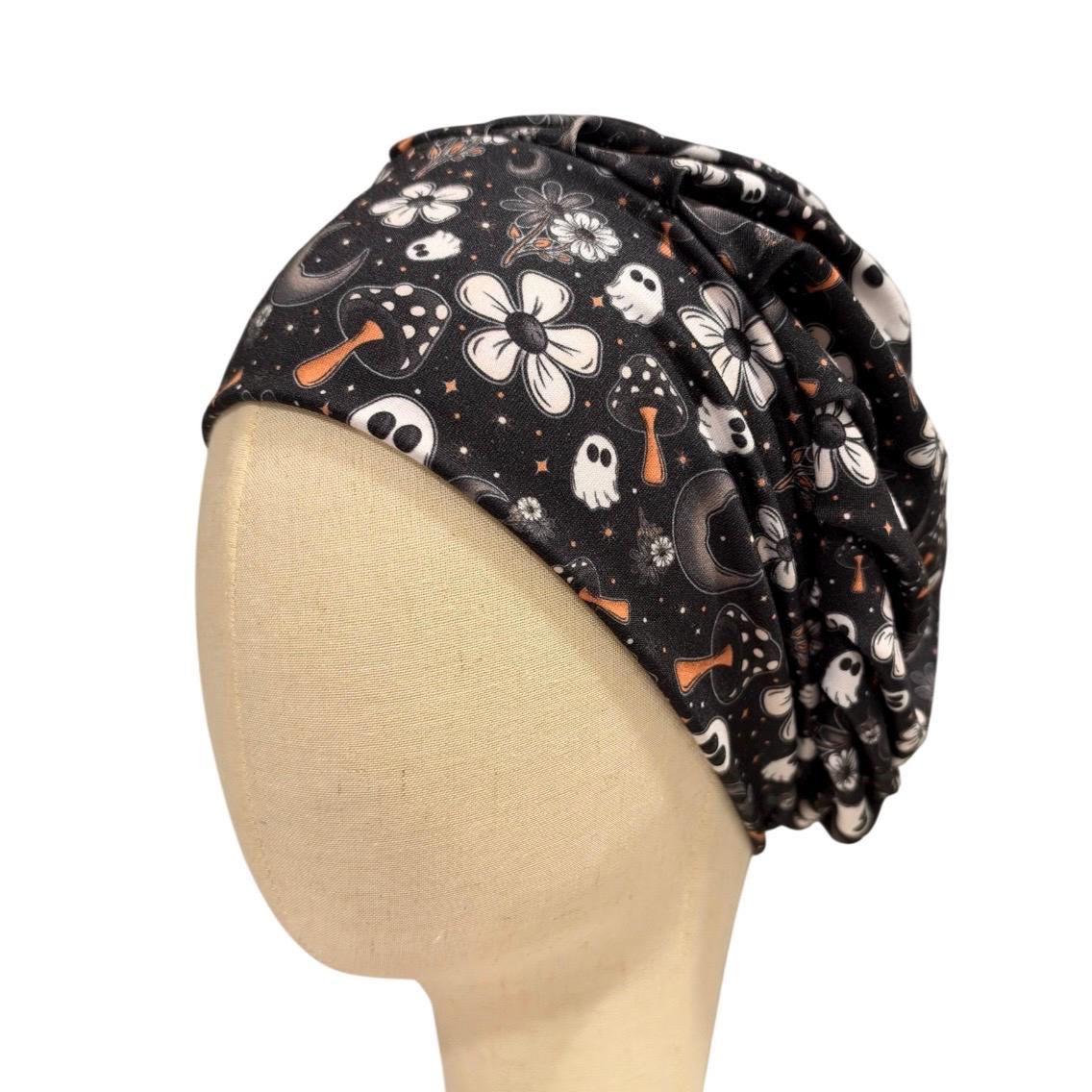 Halloween Ghost Bouffant Scrub Cap for Women, Black Floral Spooky Scrub Hat