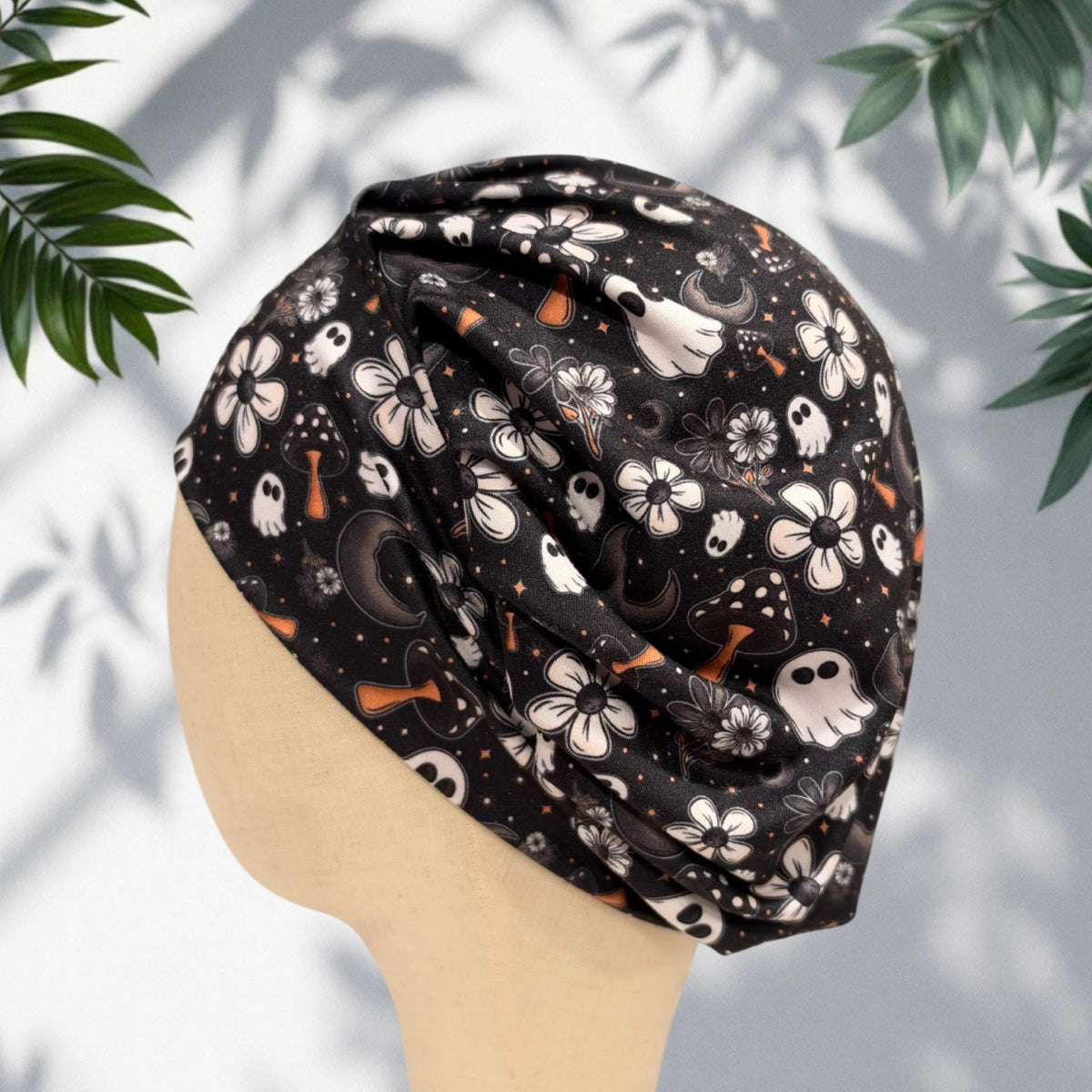 Halloween Ghost Bouffant Scrub Cap for Women, Black Floral Spooky Scrub Hat