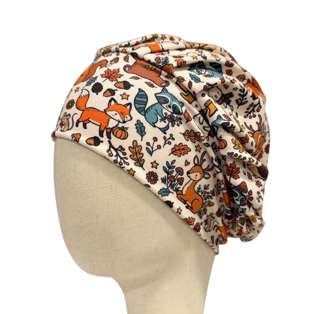 Fall Woodland Animals Bouffant Scrub Cap for Women, Fox Deer Raccoon Scrub Hat, Autumn Surgical Cap