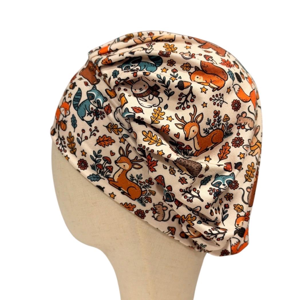 Fall Woodland Animals Bouffant Scrub Cap for Women, Fox Deer Raccoon Scrub Hat, Autumn Surgical Cap