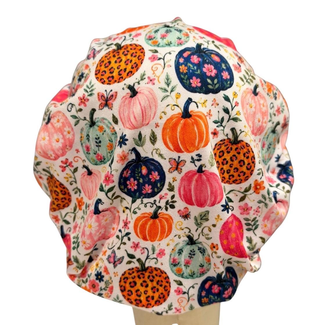Colorful Pumpkin Bouffant Scrub Cap for Women, Floral Fall Scrub Hat
