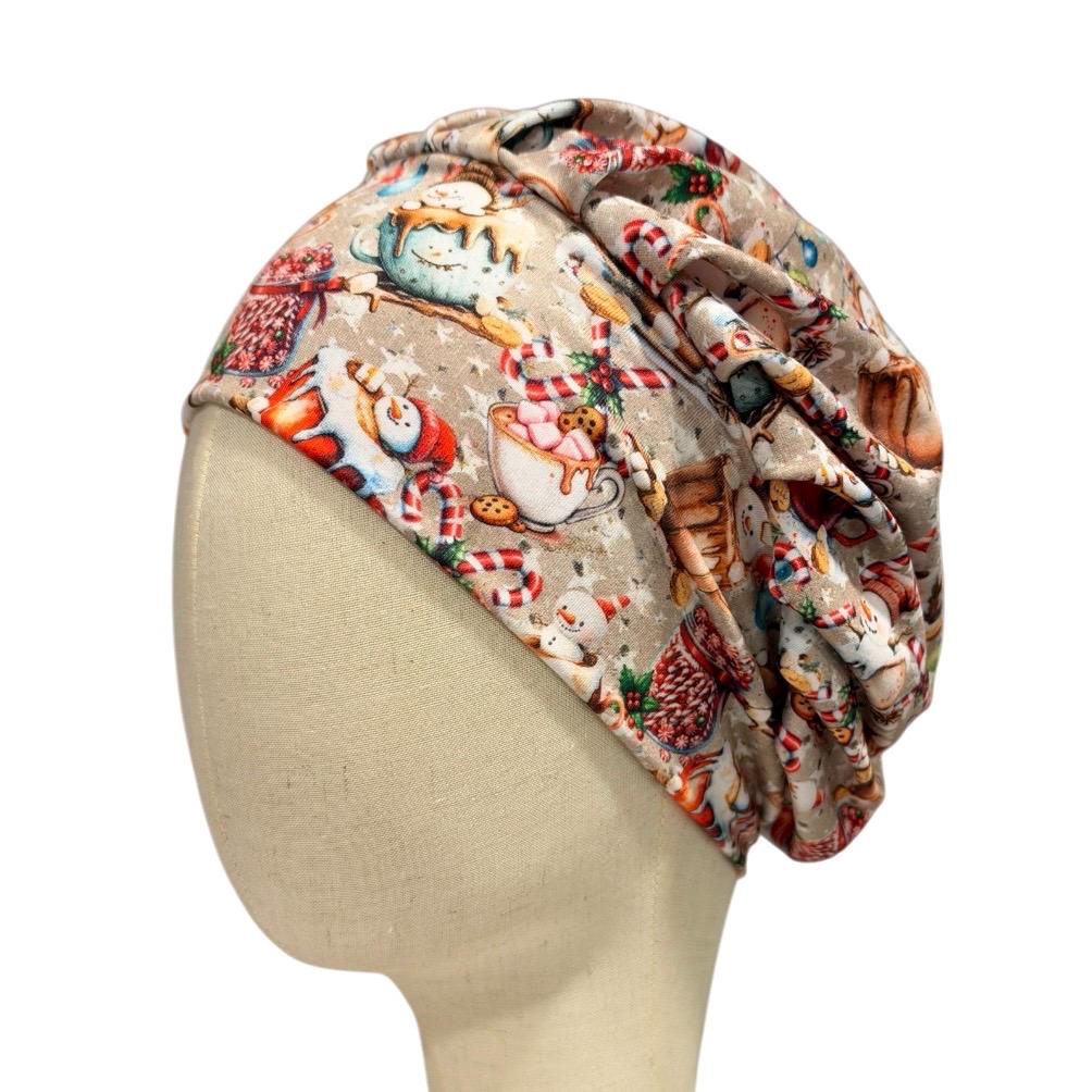Christmas Hot Cocoa Bouffant Scrub Cap, Snowman and Candy Cane Surgical Hat, Holiday Print