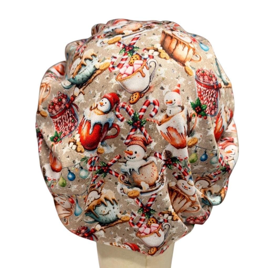 Christmas Hot Cocoa Bouffant Scrub Cap, Snowman and Candy Cane Surgical Hat, Holiday Print