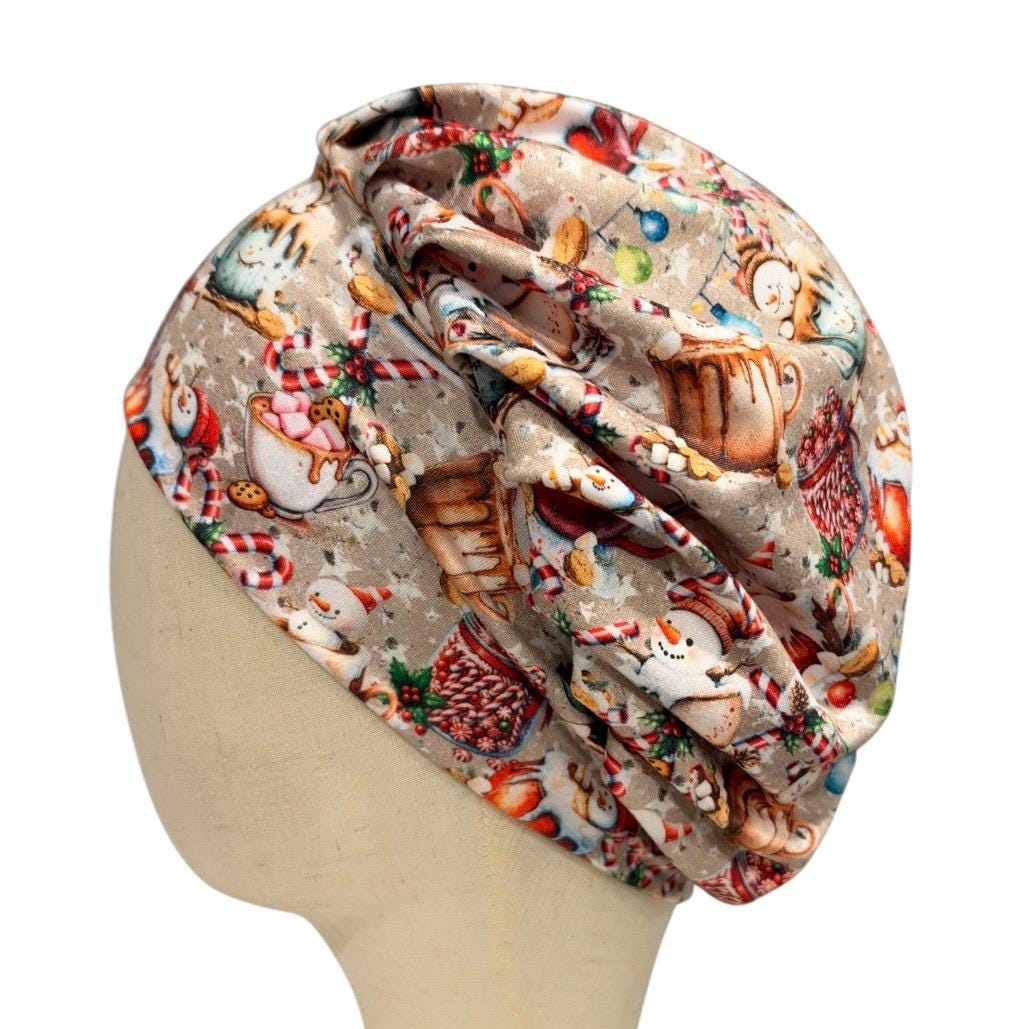 Christmas Hot Cocoa Bouffant Scrub Cap, Snowman and Candy Cane Surgical Hat, Holiday Print
