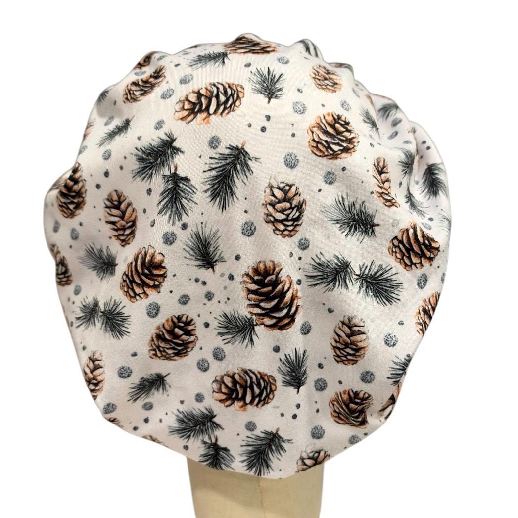 Pine Cone Bouffant Scrub Cap, Evergreen Branch Winter Surgical Hat, Neutral Woodland Print