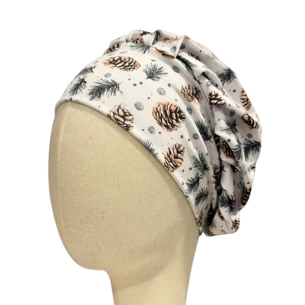 Pine Cone Bouffant Scrub Cap, Evergreen Branch Winter Surgical Hat, Neutral Woodland Print