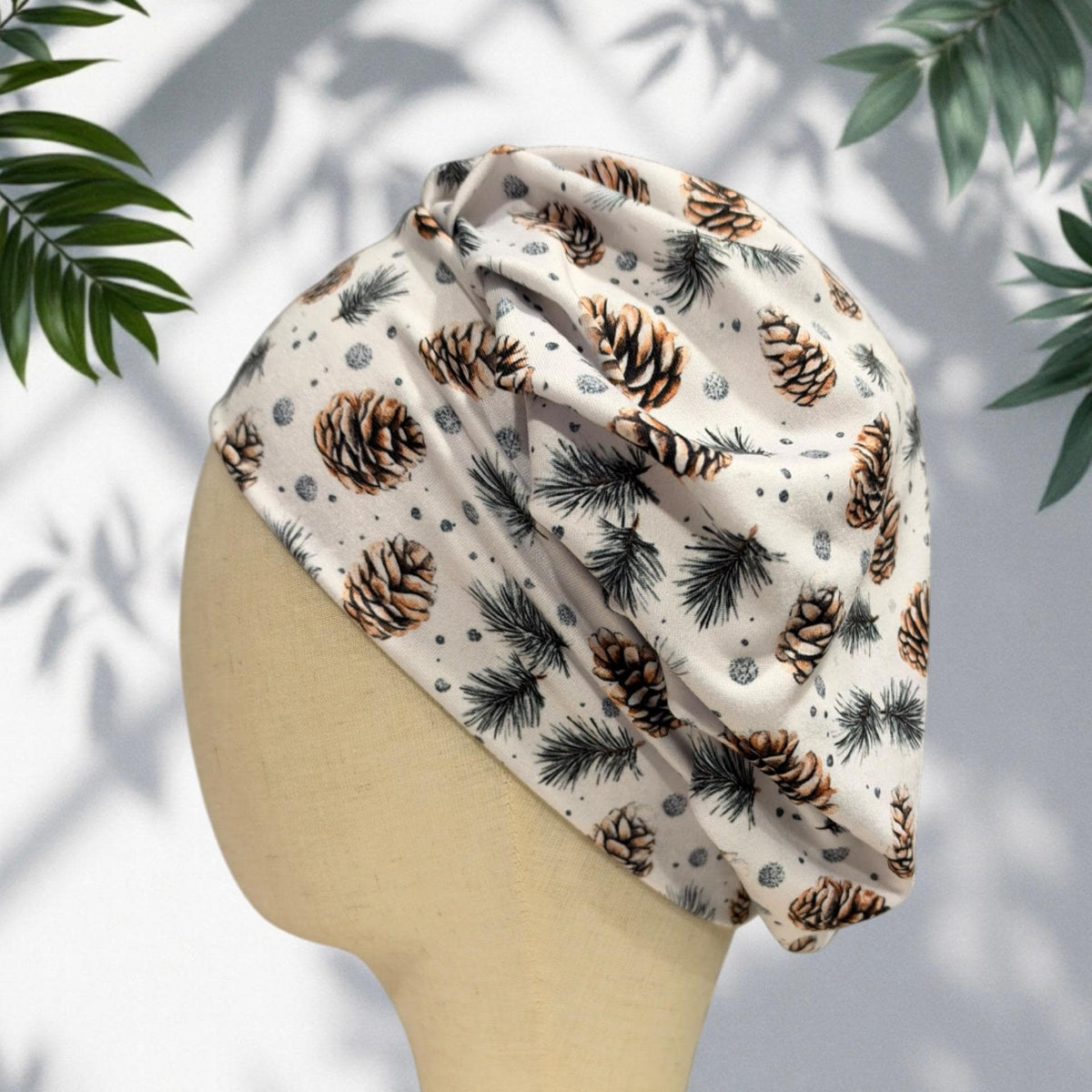 Pine Cone Bouffant Scrub Cap, Evergreen Branch Winter Surgical Hat, Neutral Woodland Print