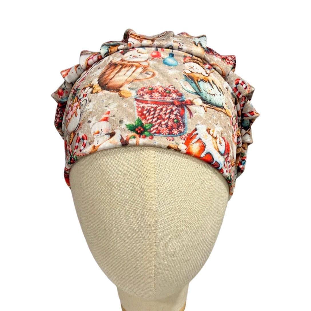 Christmas Hot Cocoa Bouffant Scrub Cap, Snowman and Candy Cane Surgical Hat, Holiday Print