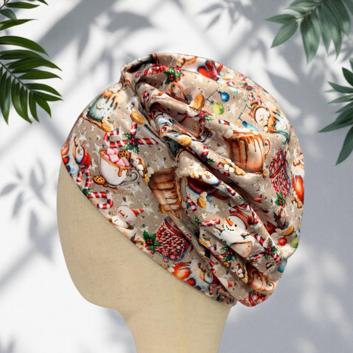 Christmas Hot Cocoa Bouffant Scrub Cap, Snowman and Candy Cane Surgical Hat, Holiday Print