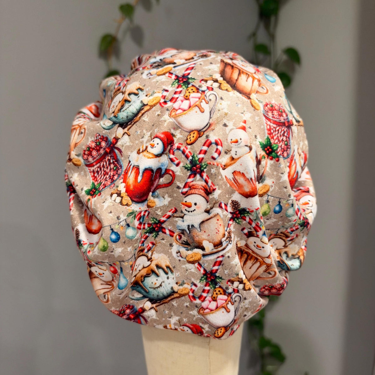 Christmas Hot Cocoa Bouffant Scrub Cap, Snowman and Candy Cane Surgical Hat, Holiday Print
