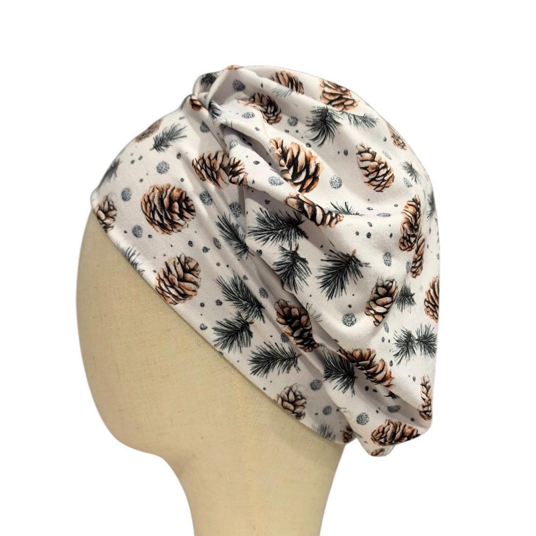 Pine Cone Bouffant Scrub Cap, Evergreen Branch Winter Surgical Hat, Neutral Woodland Print