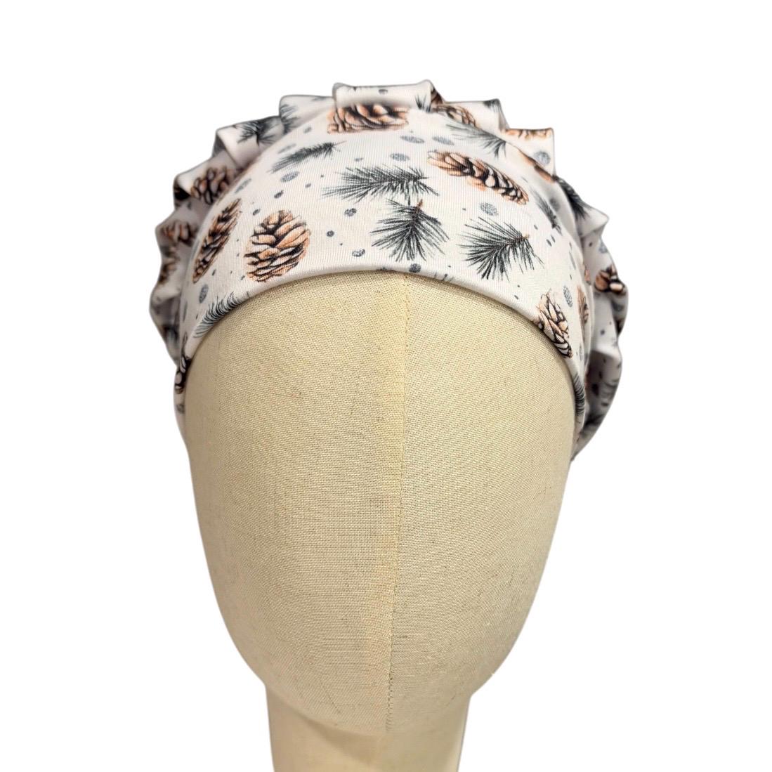 Pine Cone Bouffant Scrub Cap, Evergreen Branch Winter Surgical Hat, Neutral Woodland Print
