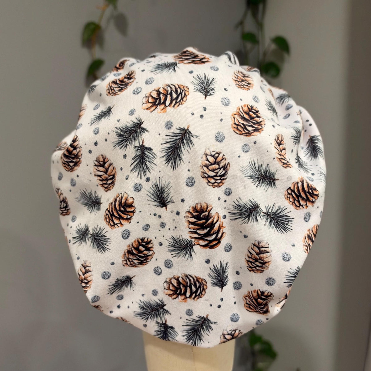Pine Cone Bouffant Scrub Cap, Evergreen Branch Winter Surgical Hat, Neutral Woodland Print